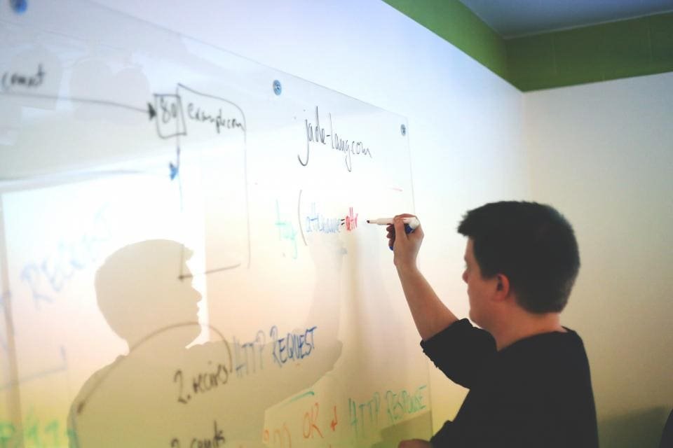 Consultant mapping a plan on a whiteboard